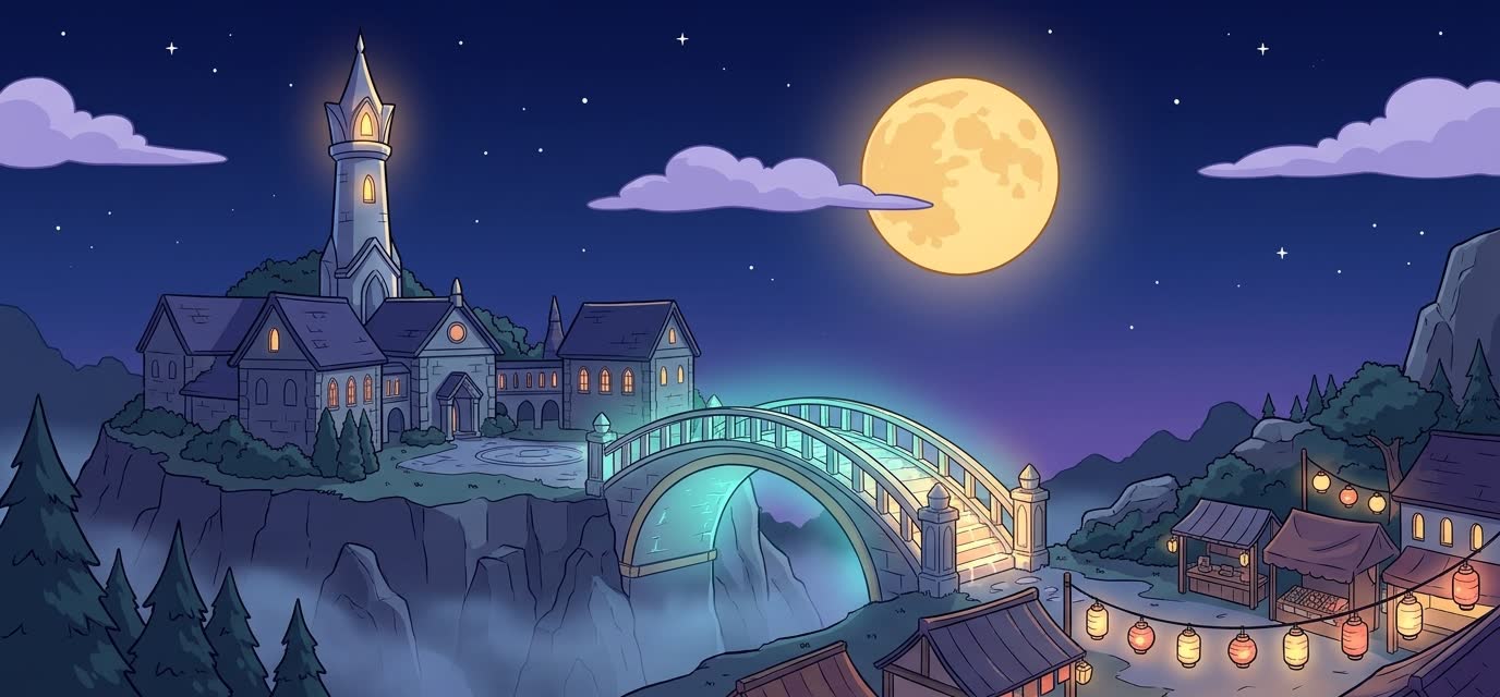 Sparkbound Academy on a hill under a full moon, with a glowing bridge and a lantern market below