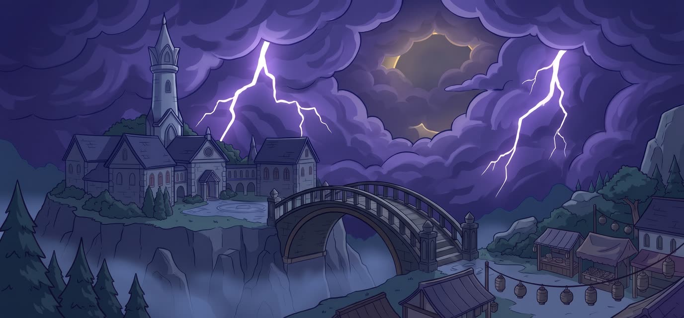 A violet storm swallows the moon and the bridge goes dark