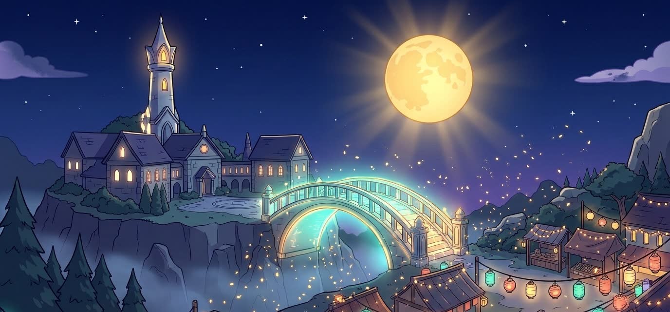 The moon shines again, the bridge glows and lanterns bloom on every rooftop